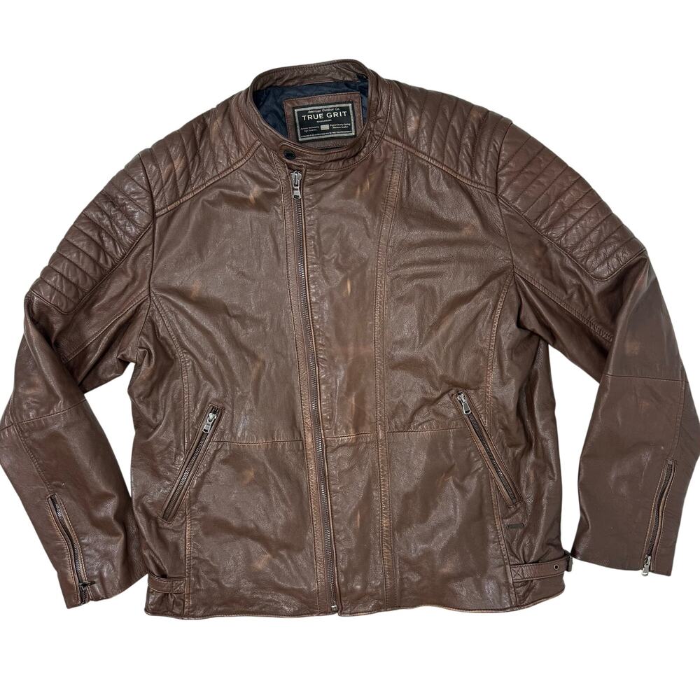True Grit Men's XL Brown Leather Jacket Quilted Lining Distressed Made in India
